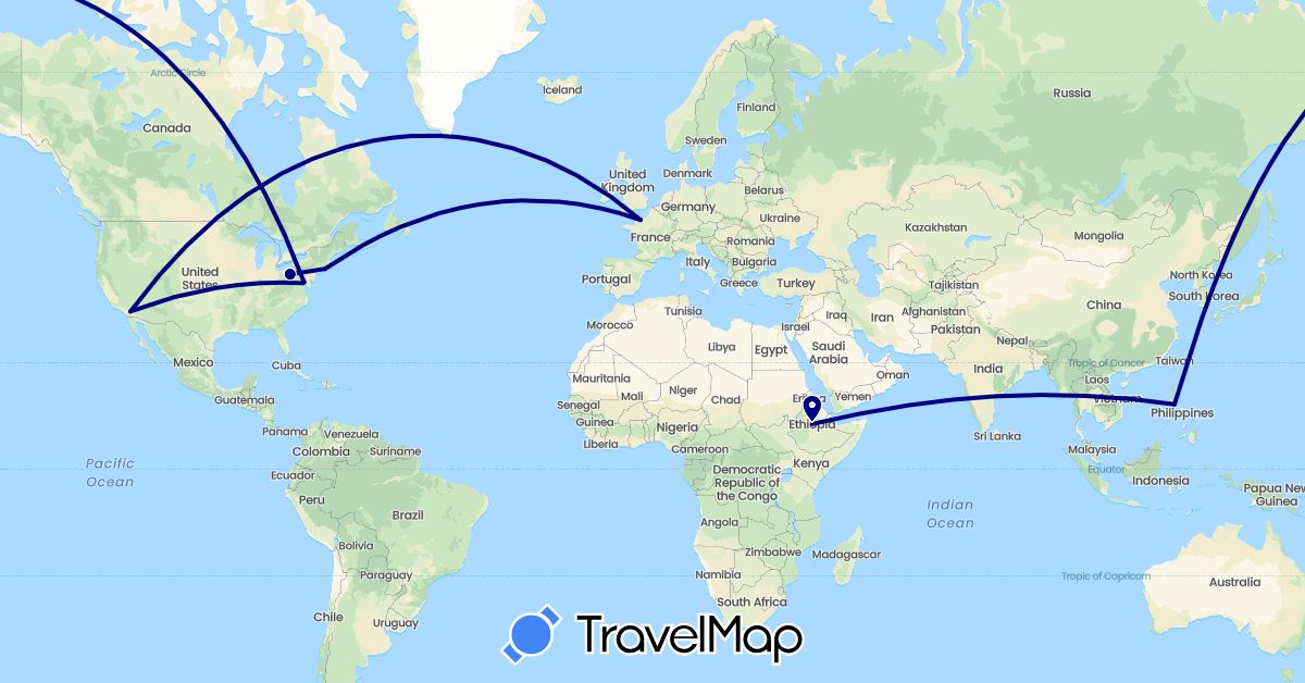TravelMap itinerary: driving in Ethiopia, France, Philippines, United States (Africa, Asia, Europe, North America)